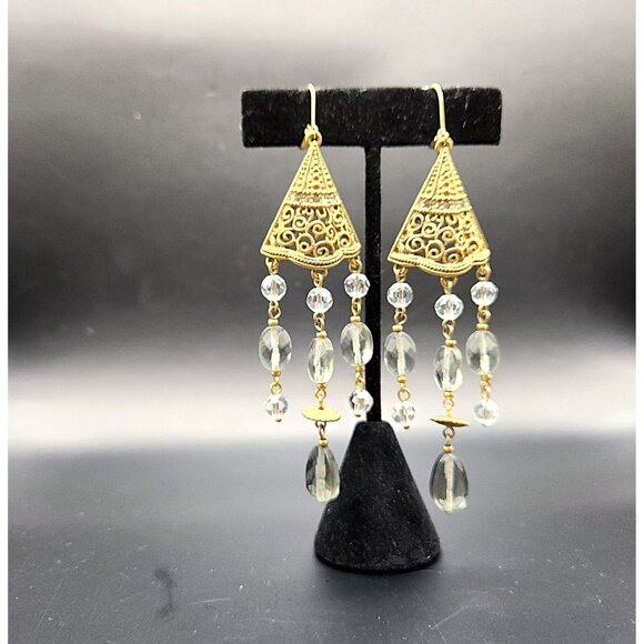 Filigree Crystal Bi-Cone Beaded Dangle Chandelier Earrings BoHo Green - Picture 3 of 11